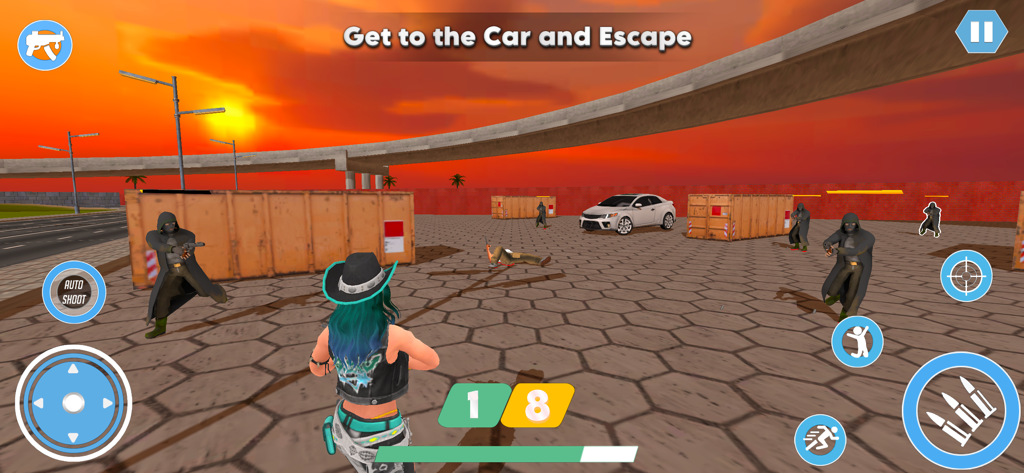 Vegas city Gangster 3D - Gameplay screenshot of a shooting mission in Vegas City Gangster 3D during sunset