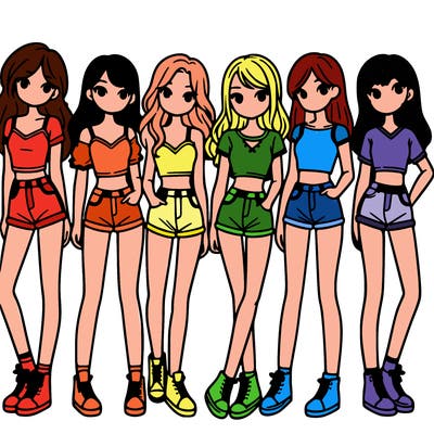 a group of girls wearing crop tops and shorts