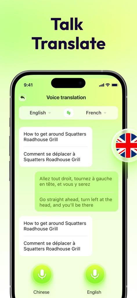Una interfaz móvil que muestra la traducción de voz en tiempo real entre inglés y francés en formato de chat.
