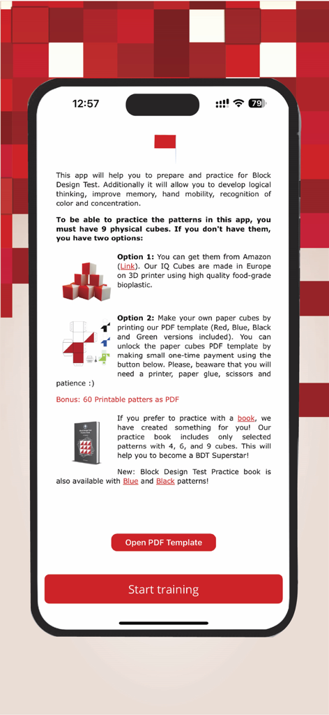 Block Design Test Practice - Introductory screen of the Block Design Test Practice app showing options for obtaining physical cubes and starting training