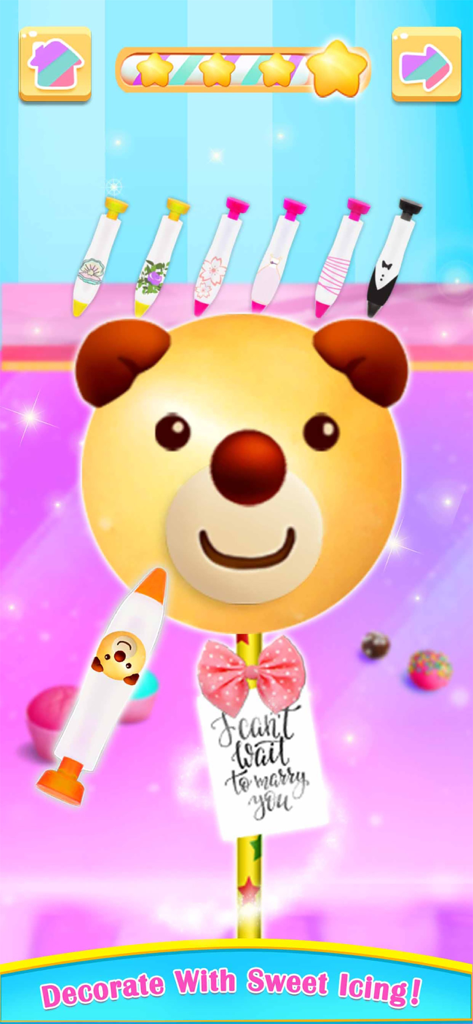 Cake Games: Cupcake Food Games - A bear shaped cake pop being decorated with sweet icing pens in a cooking simulation game.