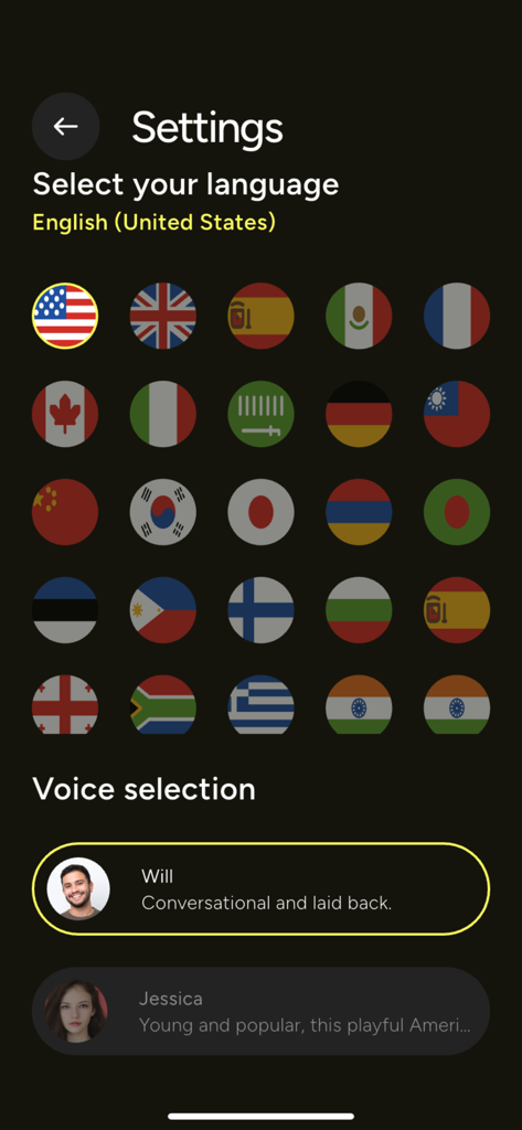 BYG TOURS AI app settings screen for selecting language and voice profiles