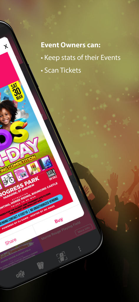 Smartphone screen showing Go2Fete app features for event owners to scan tickets and keep track of event statistics