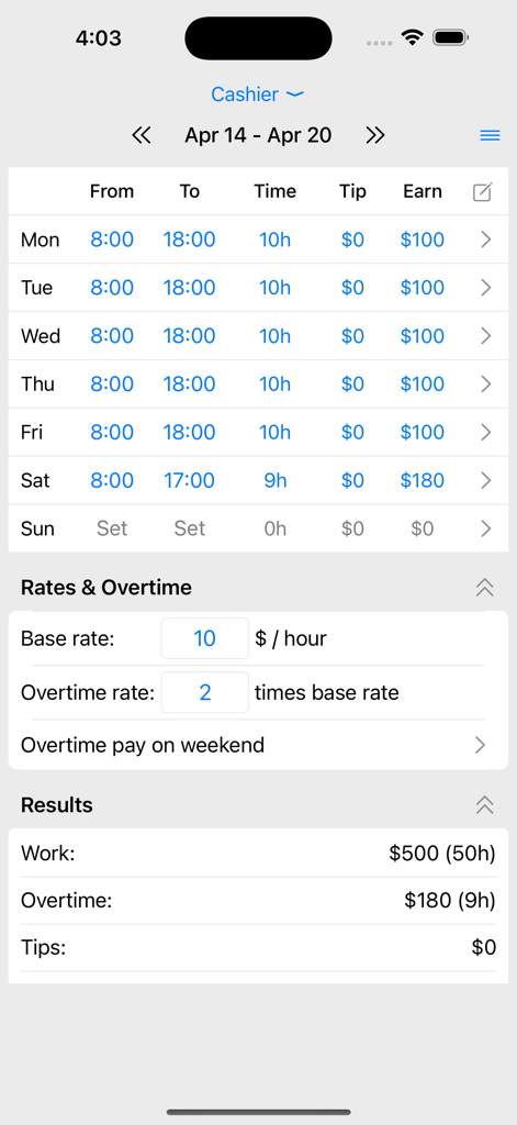 Una interfaz de aplicación móvil que muestra un registro semanal de horas de trabajo, tarifas por hora y cálculos de pago total.