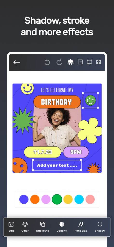 Mobile App-Bildschirm, der einen Social-Media-Post-Editor mit Texteffekten und Farboptionen anzeigt
