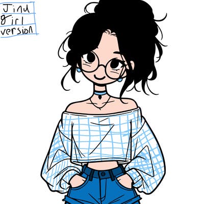 girl with a messy ponytail glasses a baggy crop top and jean shorts