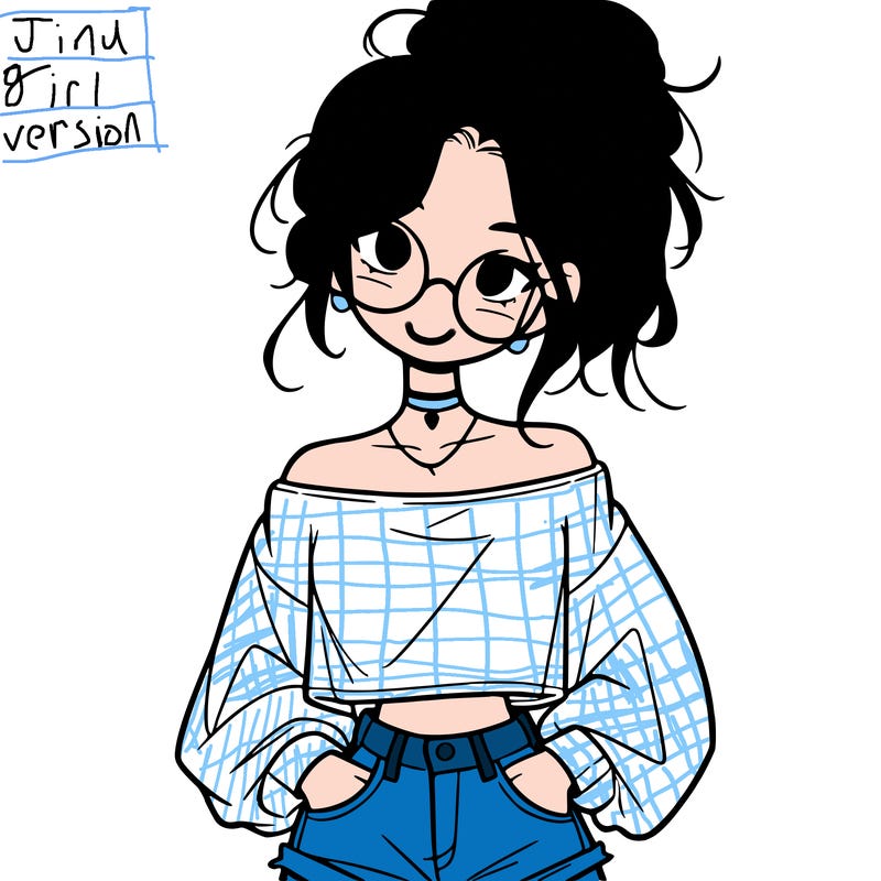 girl with a messy ponytail glasses a baggy crop top and jean shorts