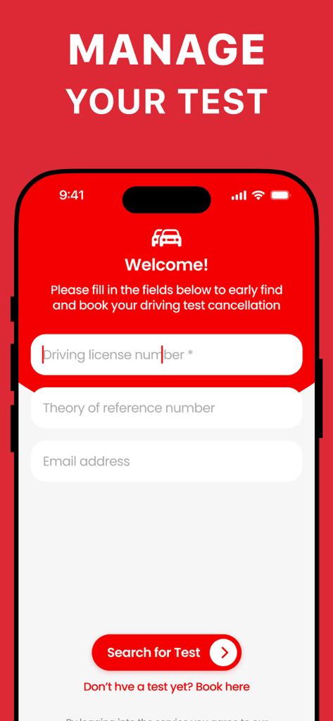 Driving Test NOW - Pantalla de registro de la aplicación móvil Driving Test NOW para introducir los detalles de la licencia y encontrar cancelaciones de examen