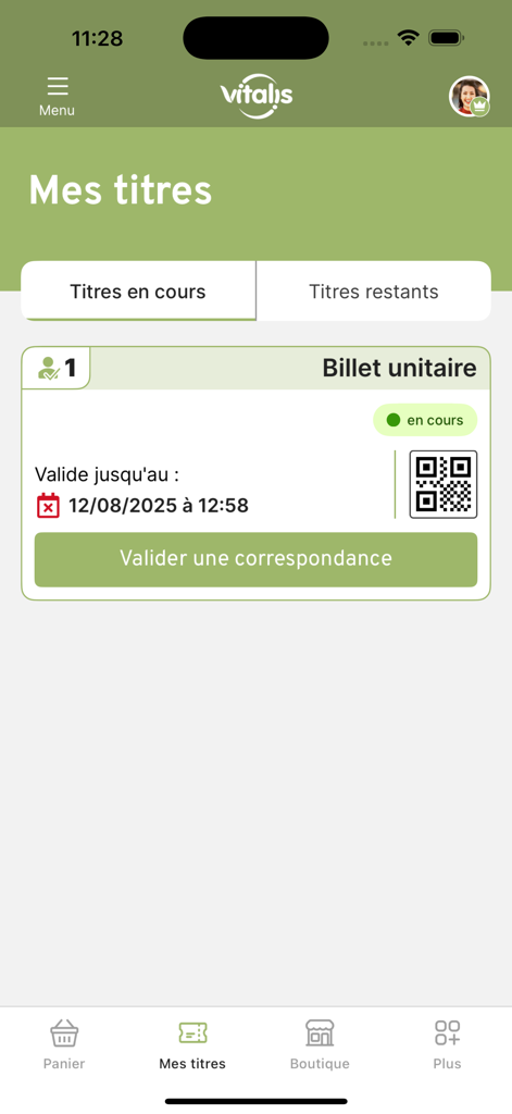 Vitalis - Interface de ticket de transport numérique de l'application mobile Vitalis affichant un code QR et la période de validité