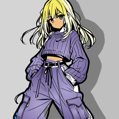 anime teen girl with baggy pants and crop top with sweater