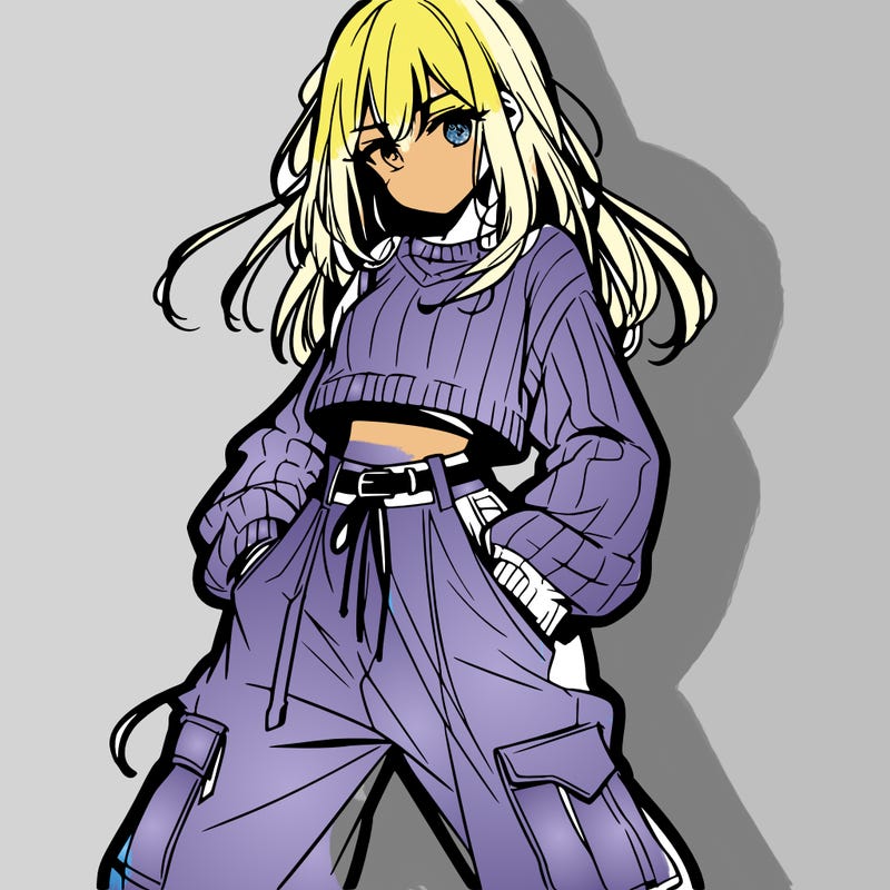 anime teen girl with baggy pants and crop top with sweater