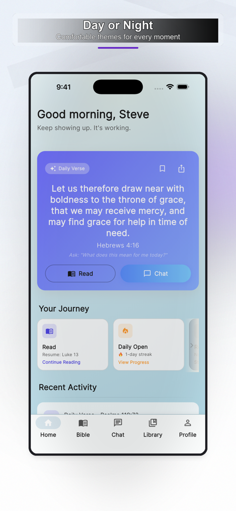 WWJD: Bible Study Companion - Pantalla de inicio de la aplicación WWJD que muestra el versículo diario y el progreso del estudio