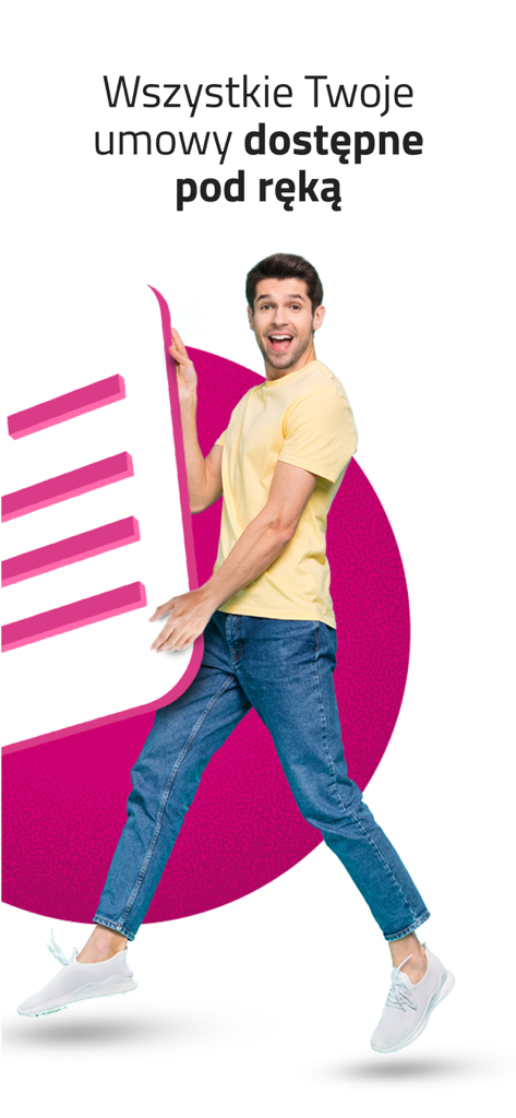 Un hombre feliz saltando junto a un icono de contrato en la interfaz de la aplicación de servicios públicos Moj TAURON