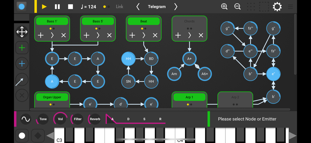 UI of Senode app showing a generative music graph with connected nodes and an integrated synthesizer panel