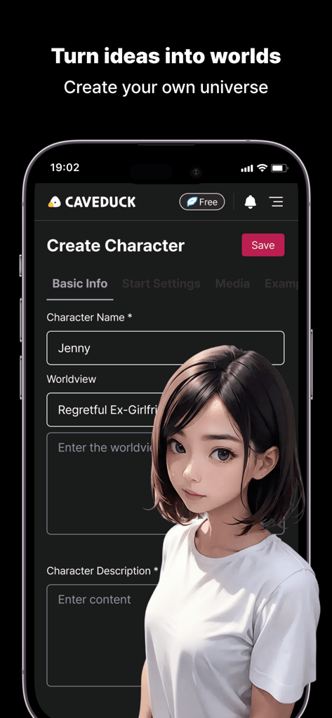 Caveduck-Meet Your AI Friends - A mobile interface for creating a custom AI character with fields for name and worldview featuring an anime girl illustration.