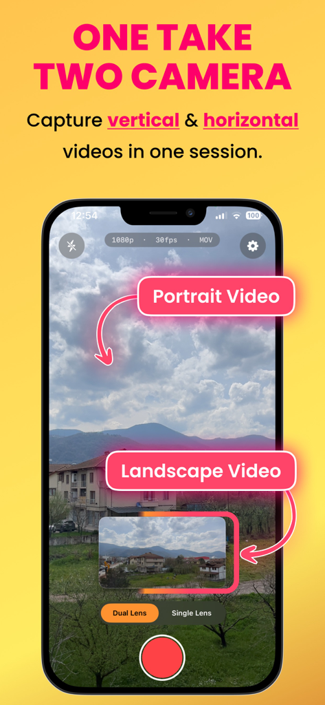 Dual Shot Recorder - DualView - DualView app screenshot showing simultaneous portrait and landscape video recording on an iPhone