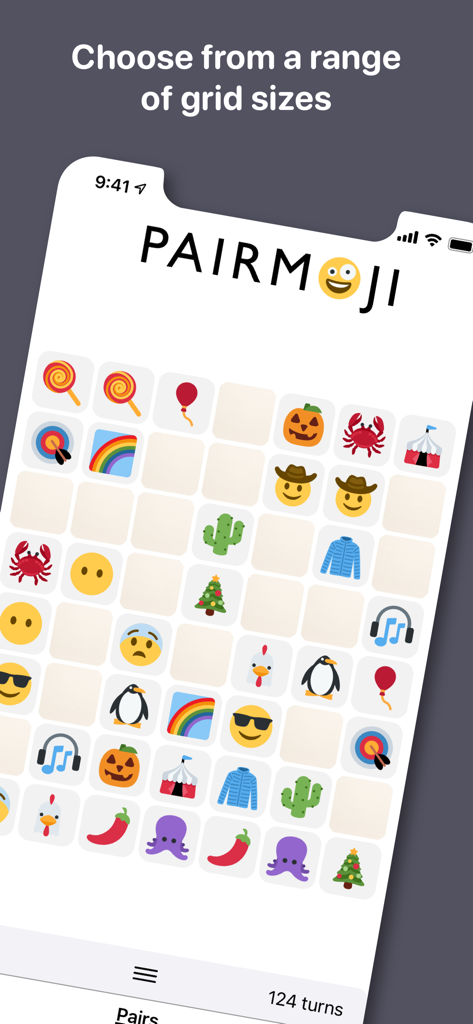 Pairmoji app screenshot showing a large grid of colorful emojis in a memory matching game.