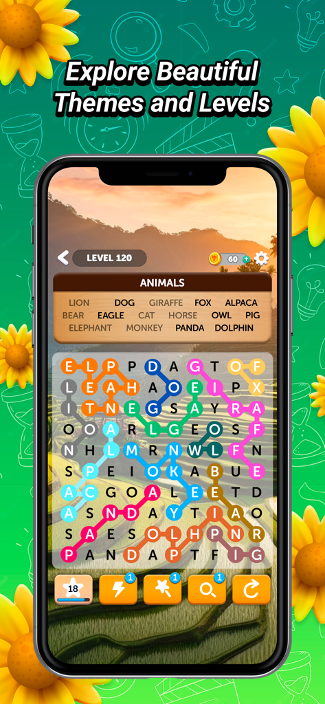 Word Weave mobile game screenshot showing a zig-zag word search level with an animal theme and a scenic landscape background.