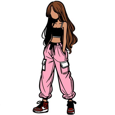 girl in baggy pants crop top and long hair