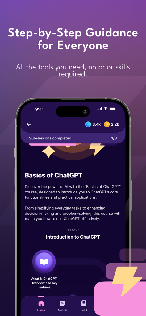 Zenfy - Zenfy mobile app interface showing a step-by-step introductory lesson on the basics of ChatGPT