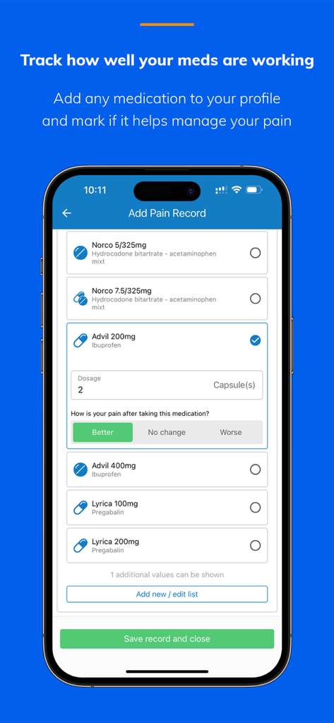 Manage My Pain - Pantalla de seguimiento de medicación en la aplicación Manage My Pain que muestra registros de dosis y calificaciones de efectividad