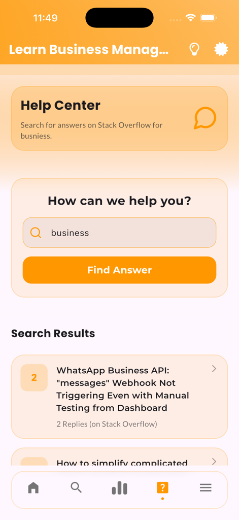 Learn Business Management - Help Center interface of the Learn Business Management app featuring a search bar and Stack Overflow integration for business topics.