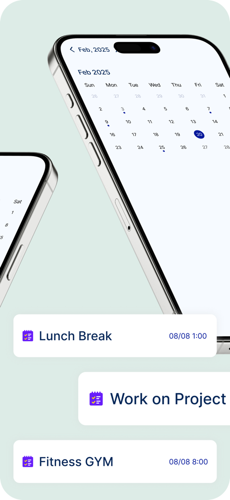 To-Do List - Schedule Planner - Smartphone mit Kalenderansicht und Aufgabenkarten für Mittagspause und Fitness im Terminplaner-App