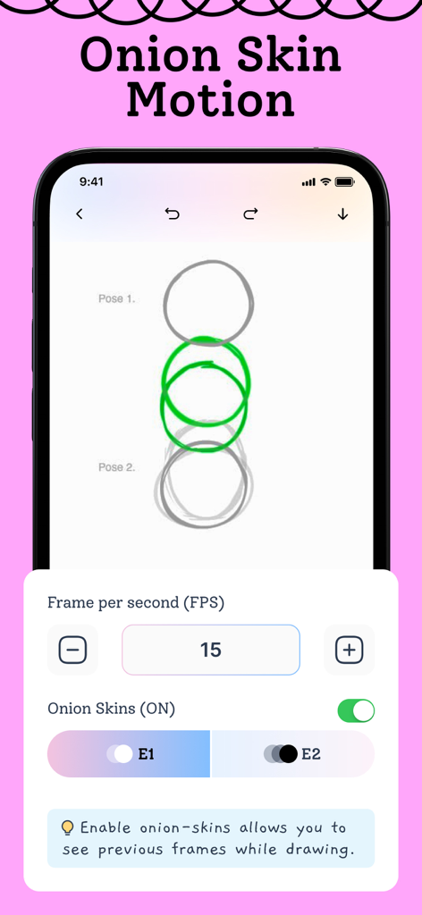 Flipbook Animation Maker- FLIP - Interface of the Flipbook Animation Maker app showing onion skin motion settings and frame rate control