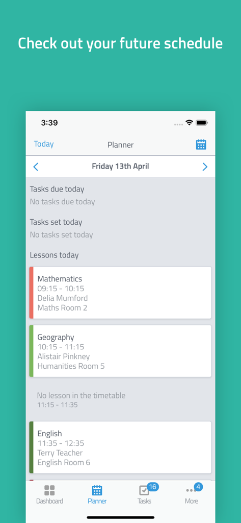 Firefly for Students - Mobile app screenshot of the Firefly for Students planner showing a daily school timetable with lessons and tasks