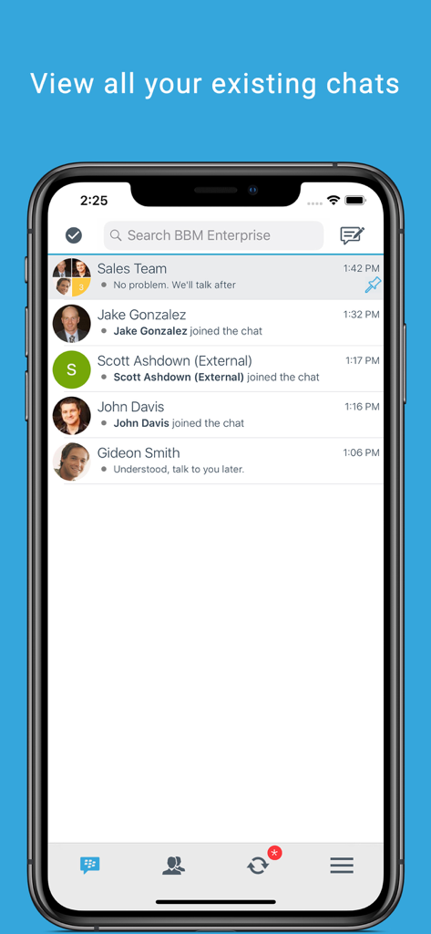 BBM Enterprise - BBM Enterprise messaging app showing a list of active professional chats