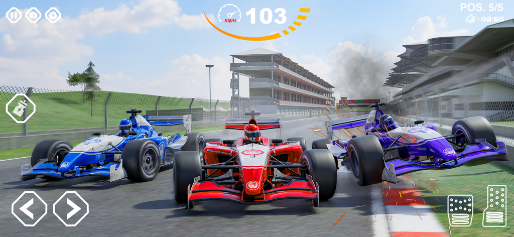 Three formula racing cars competing on a high-speed track with mobile game controls