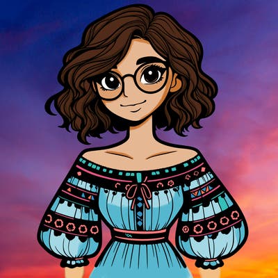 one girl with medium short hair, which are wavy. she has round glasses. she wears a latina outfit.