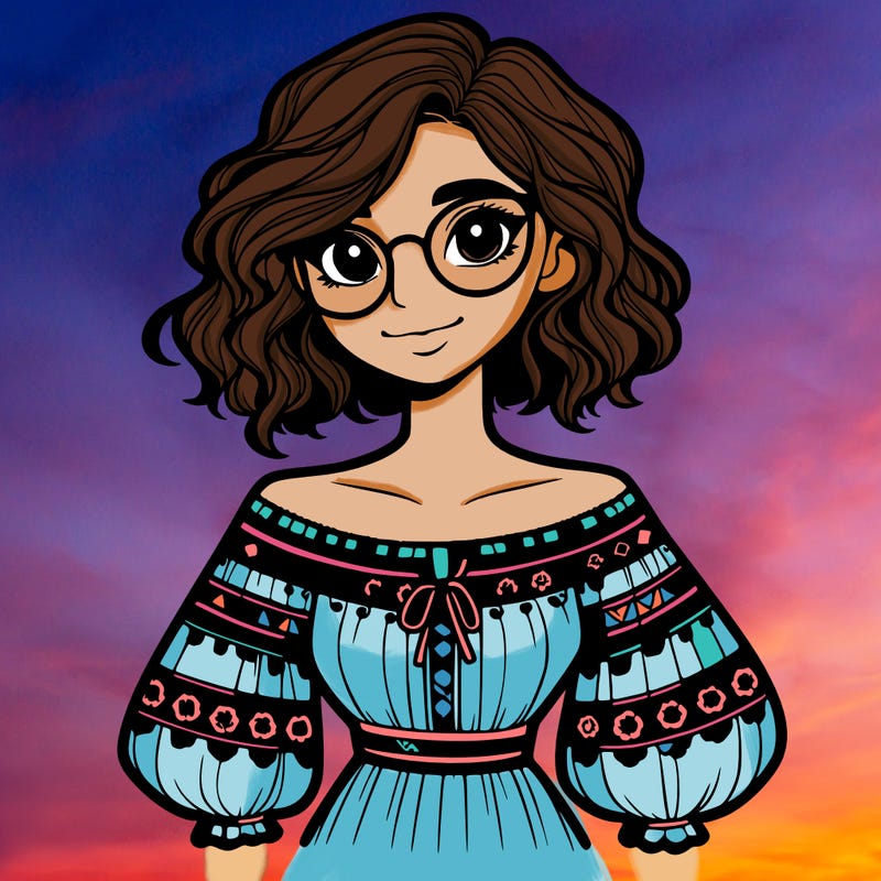 one girl with medium short hair, which are wavy. she has round glasses. she wears a latina outfit.