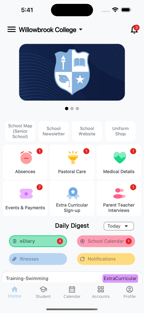 ParentOrbit - ParentOrbit App Startbildschirm zeigt ein Schul-Dashboard mit Symbolen für Abwesenheiten, medizinische Details und Schulveranstaltungen