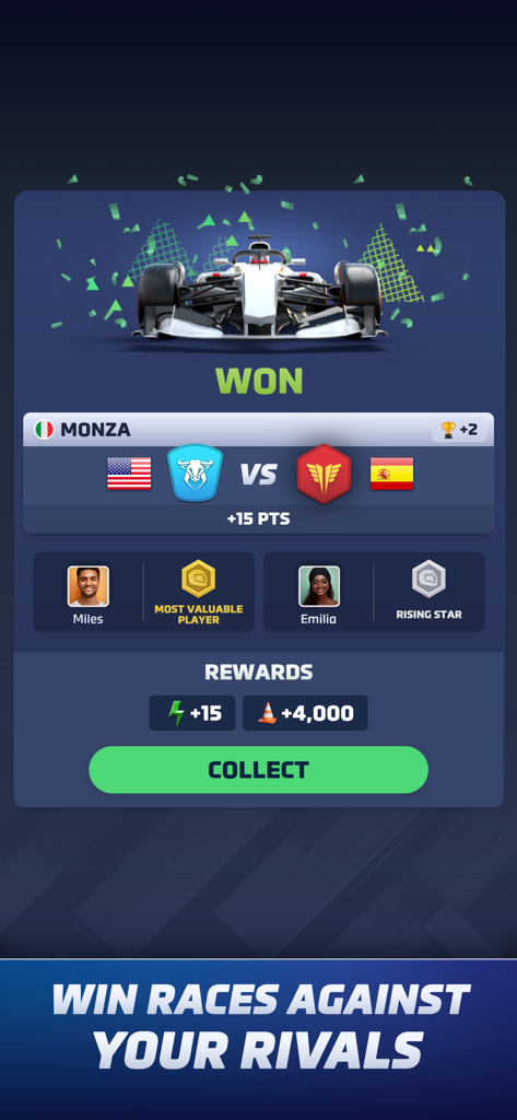 Racing Rivals: Motorsport Game - Racing Rivals victory screen showing race rewards and top performing players after a match