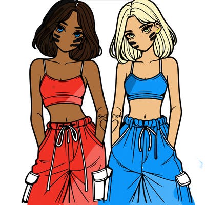 two girls with crop top with baggy pants