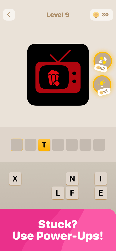 Un rompecabezas de adivinación de logotipos en Logo Quest con un televisor rojo y palomitas de maíz para la marca Netflix.