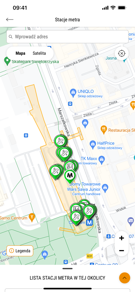 Warszawa 19115 - 바르샤바 도시 지도를 보여주는 모바일 앱 화면, 지하철역, 에스컬레이터, 엘리베이터 아이콘 표시