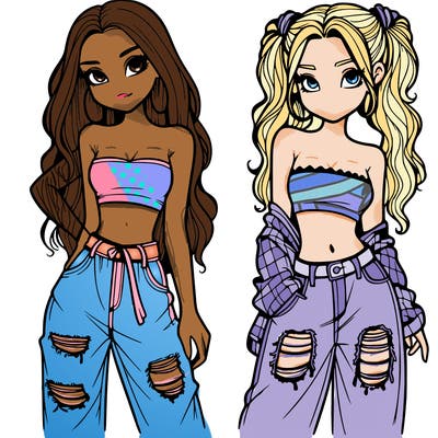 2 girls in crop tops and baggy jeans ripped