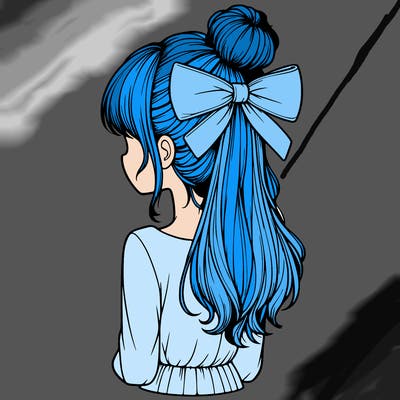 realistic girl  with hip length hair a bun and a big bow on the back of head