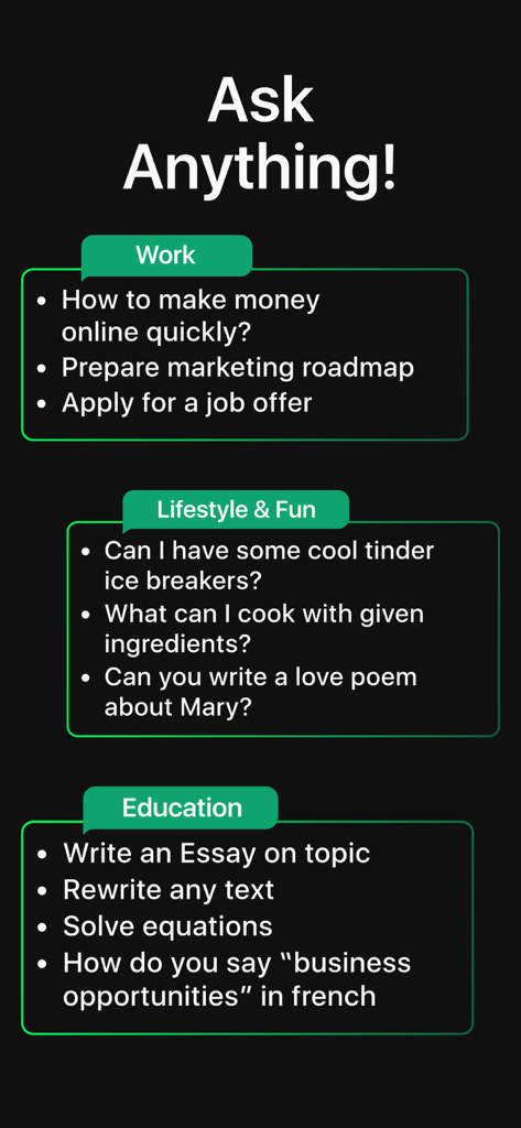 Interfaccia dell'app ChatBot AI che mostra categorie di prompt per lavoro, stile di vita e istruzione