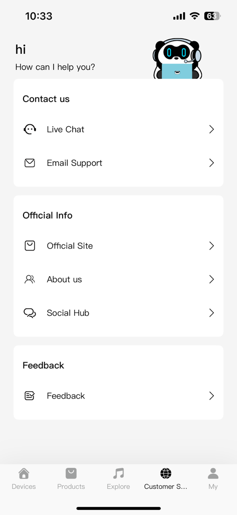 SOUNDPEATS app customer service screen showing live chat, email support, and official information options