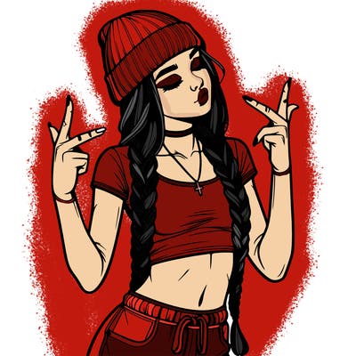 realistic teenage girl with braids and a beanie and crop top doing 🫶🏼