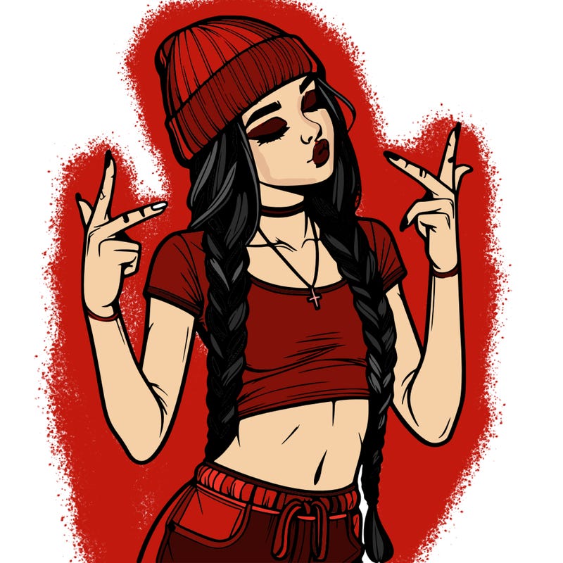 realistic teenage girl with braids and a beanie and crop top doing 🫶🏼