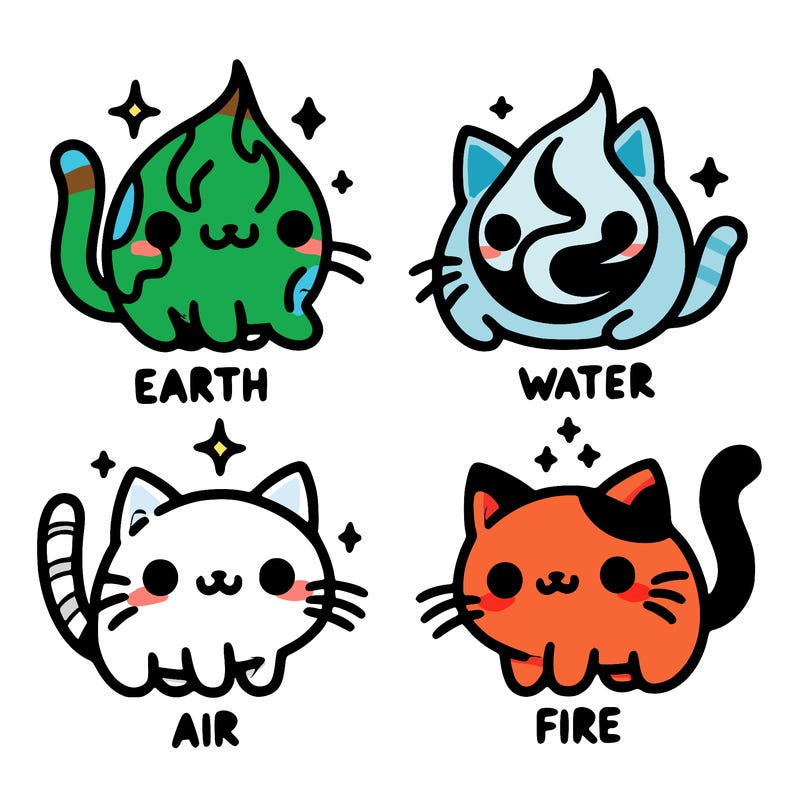 4 cats that represent the different elements, earth, water, air, and fire