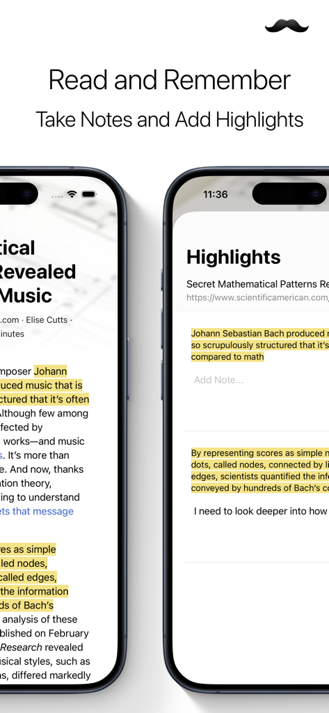 Stache: Save Now, Read Later - Two iPhones displaying the Stache app highlighting and note-taking features on a saved article.