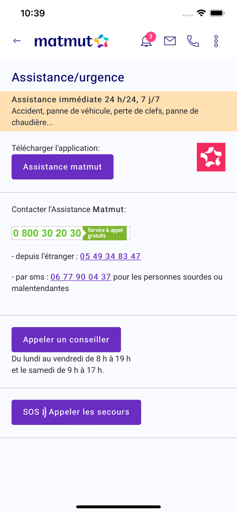 Ecrã de assistência de emergência e contacto da aplicação de seguros Ma Matmut