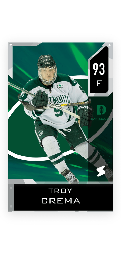 Ultimate Card Creator - A custom hockey trading card for Troy Crema with a 93 rating and Dartmouth team branding.