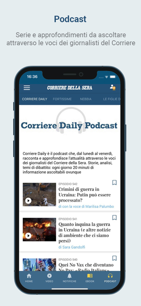 Sección de podcasts de la aplicación Corriere della Sera con episodios de noticias italianas