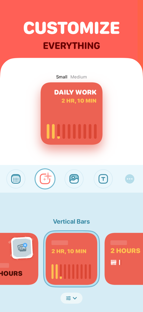 Interface of the Countdown Buddy app showing customization options for a daily work countdown widget with vertical bars style.